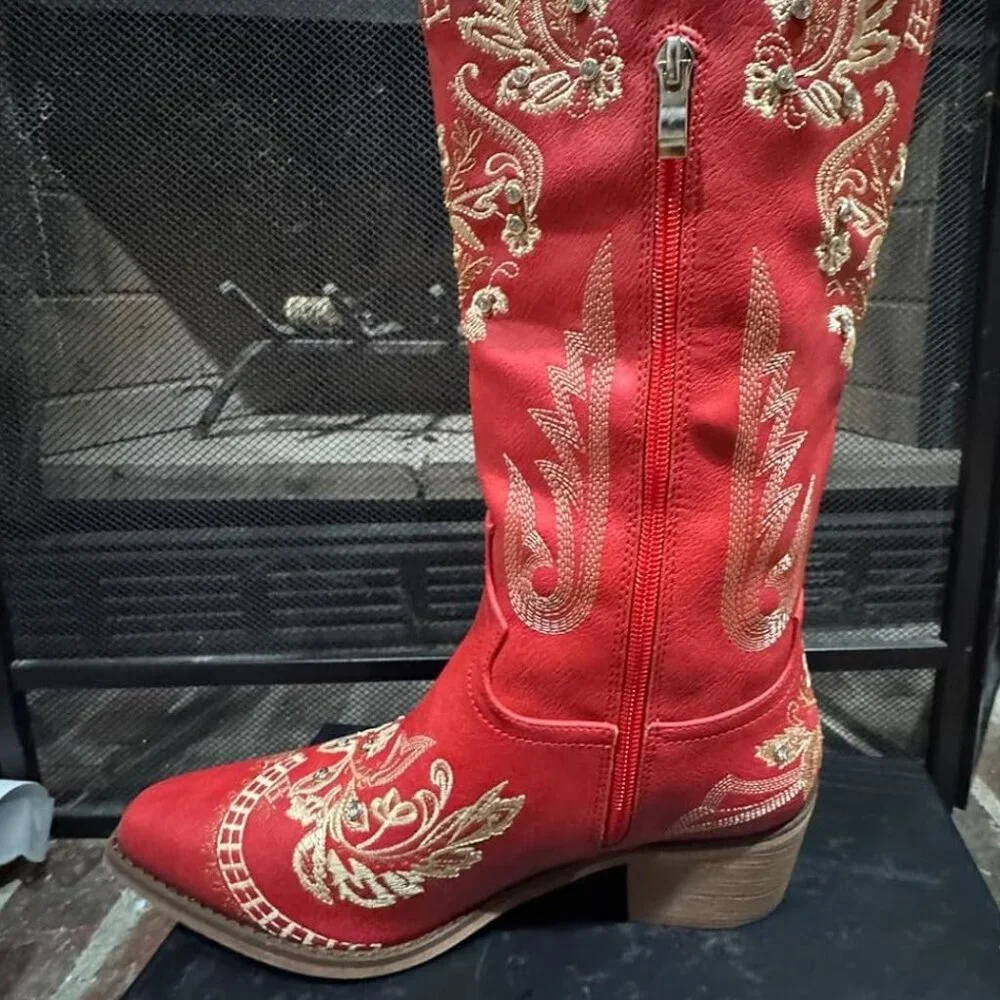 🆕Women Red Faux Leather Knee High Sparkly Rhinestone Embroidered  Boots